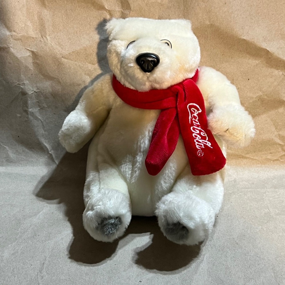 Coca-Cola Medium Plush Polar Bear White Red Scarf Christmas Advertising Toy